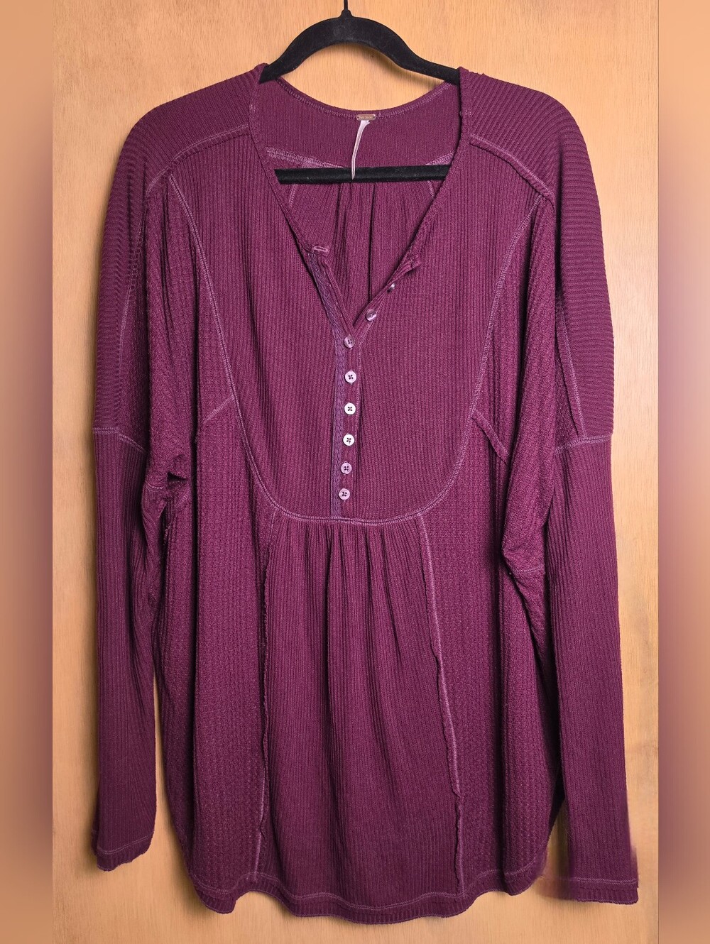 Free People Leo Henley Top Deep Plum Long Sleeve Boho Style Medium